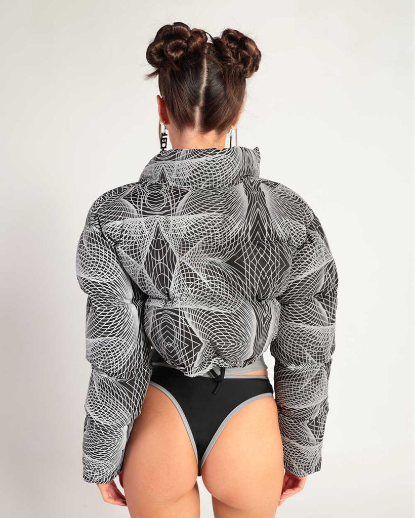 Flashbang Matrix Reflective Cropped Puffer Jacket-Black/Grey-Back--Hannah---S