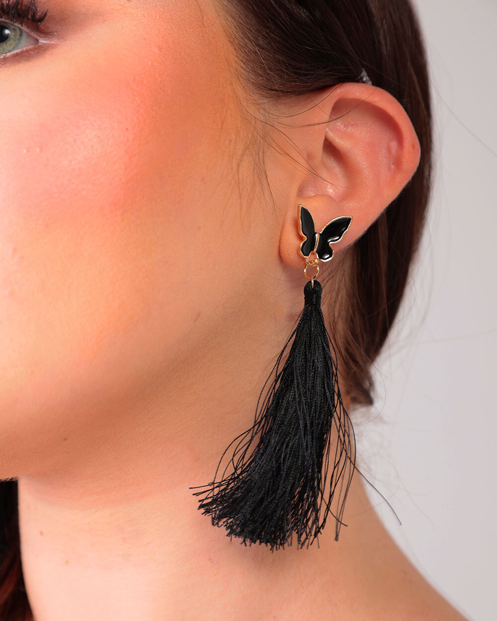 Blooming Butterfly Fringe Earrings-Black/Gold-Front--Model---S
