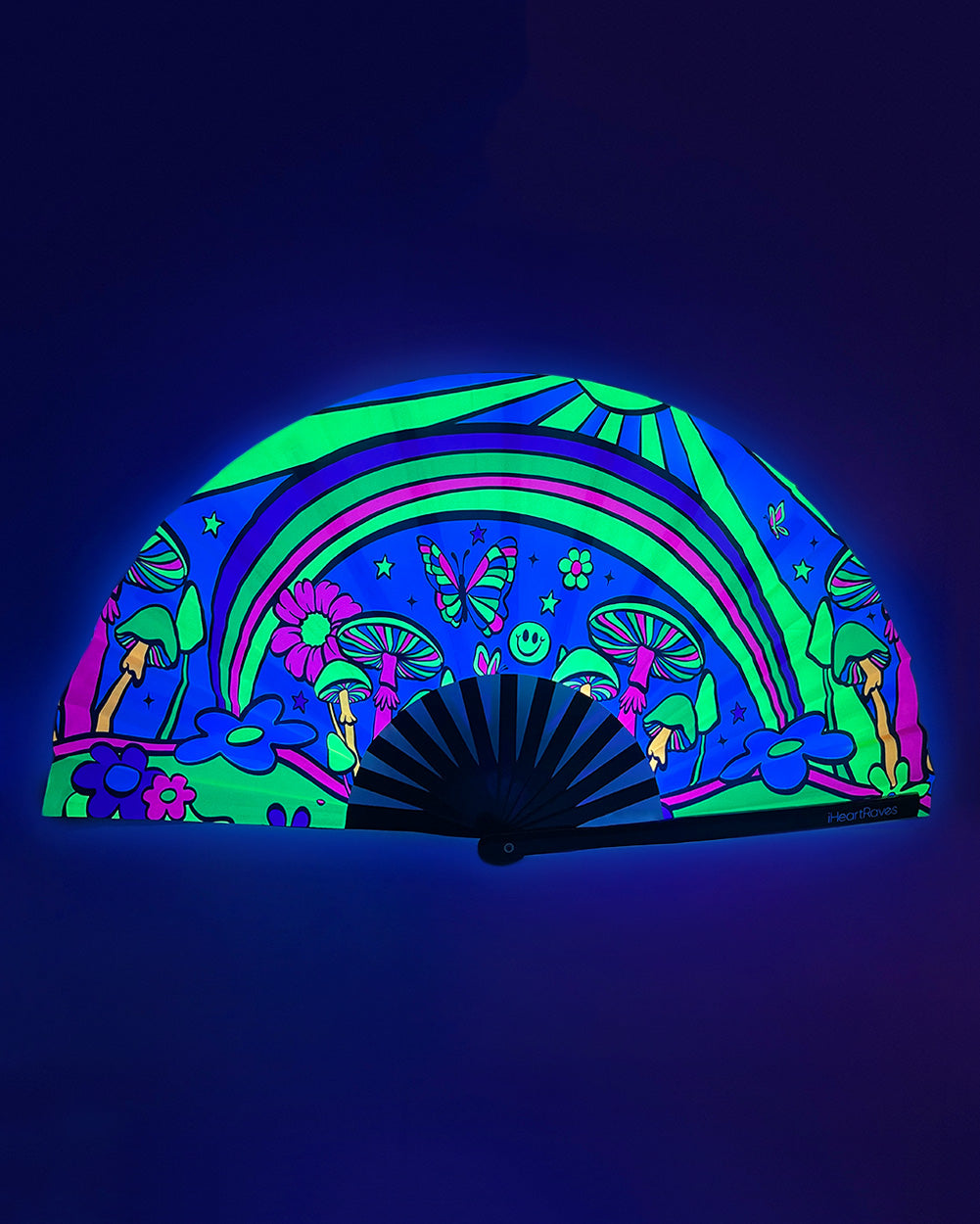 Happy Aura Mushroom UV Reactive Hand Fan-Rainbow-UV
