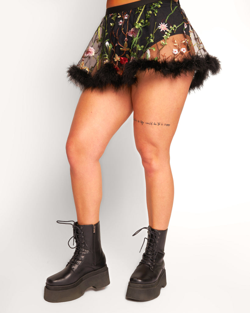 Lace Flowerfields Marabou Mini Skirt-Black-Regular-Side--Makayla3---1X