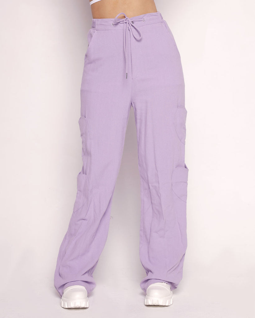 Lover Girl Parachute Pants With Heart Shaped Pockets-Lavender-Regular-Front--Sarah2---S