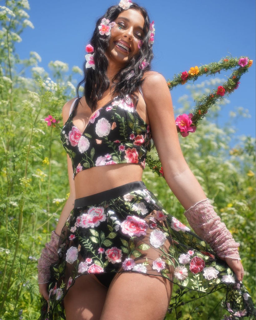 Forest Nymph Floral High Low Skirt-Black/Pink-Regular-Lifestyle--Sarah2---S