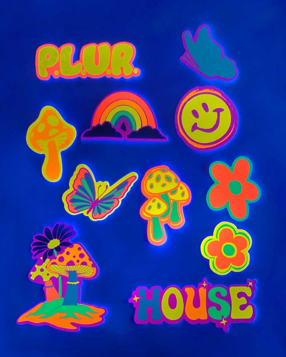 PLUR Forever UV Reactive Sticker Pack-Neon Green/Neon Orange/Neon Pink/Neon Yellow-UV