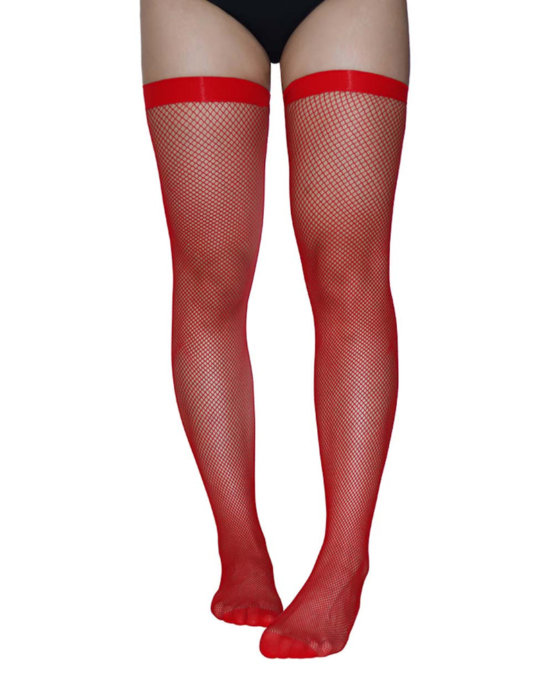 Caught U Lookin' Fishnet Thigh Highs-Red-Regular-Front--Model---One Size