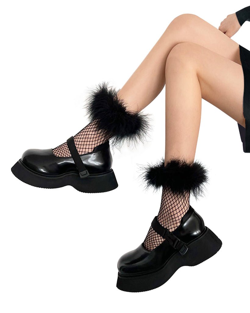 High School Sweetheart Furry Mesh Socks-Black-Side