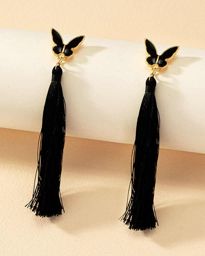 Blooming Butterfly Fringe Earrings-Black/Gold-Mock--Model---S