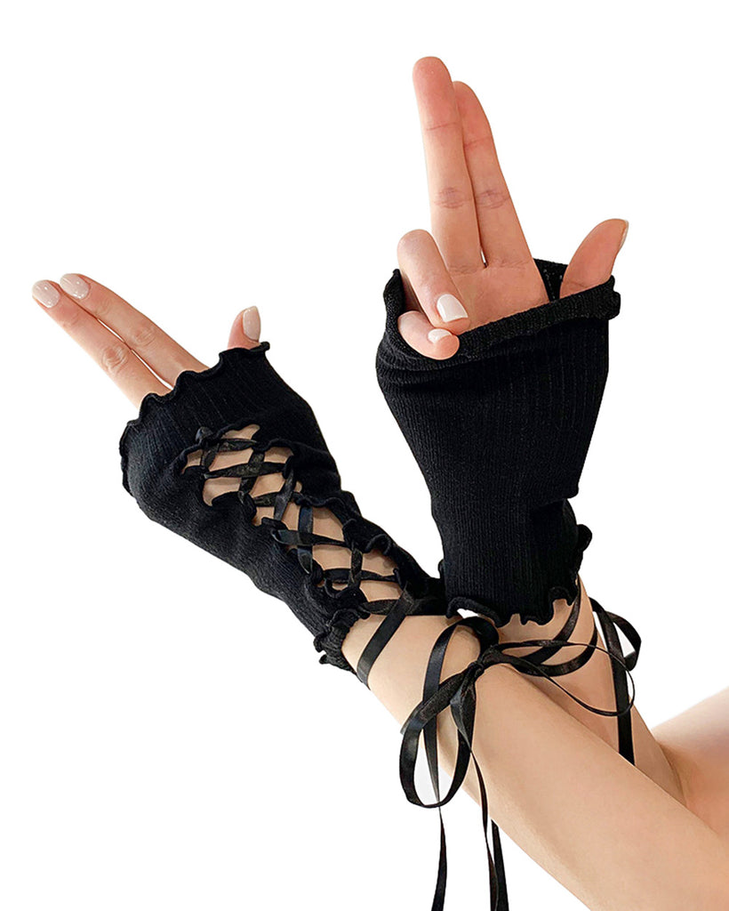 Dark Feminine Energy Lace Up Gloves-Black-Side