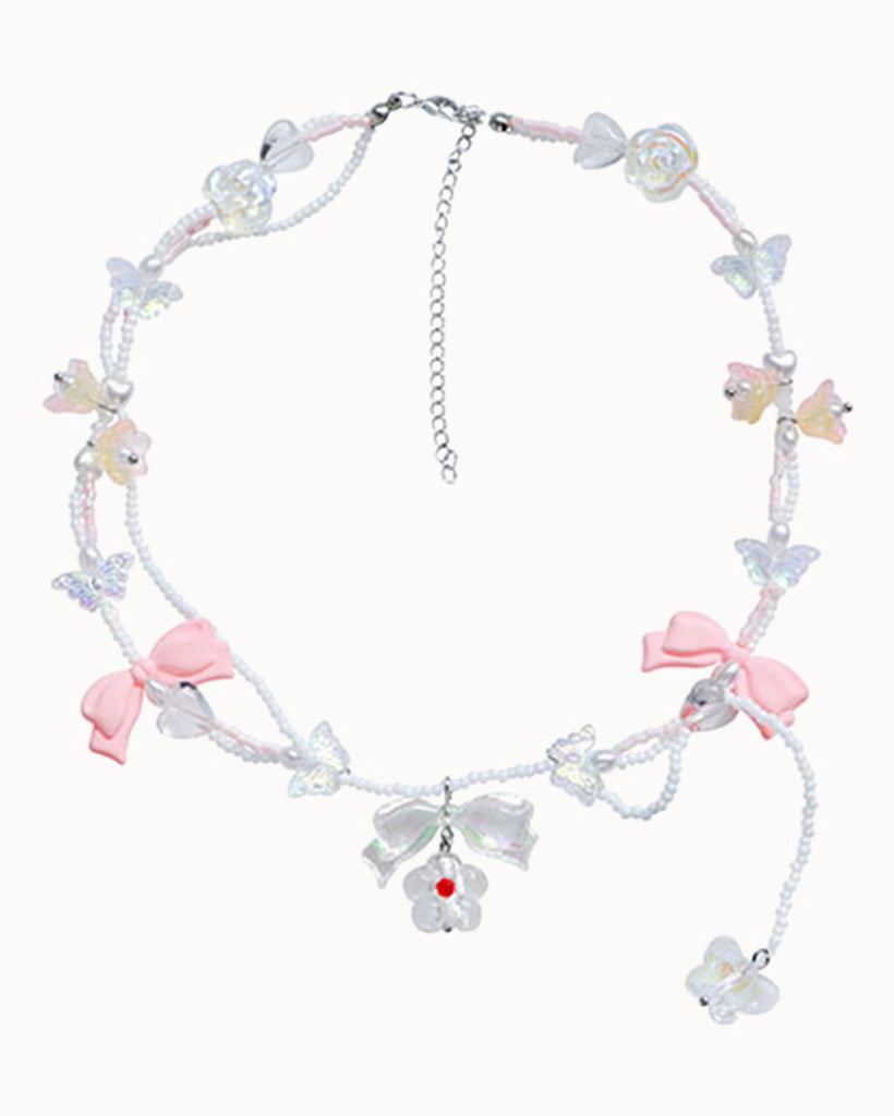 Vintage Sweetness Ribbon Beaded Necklace-Blue/Pink/White-Regular-Front--Model---S