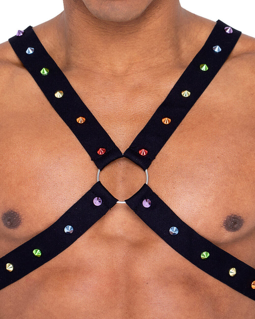 Rainbow Rave Men's Chest Harness-Black/Rainbow-Detail
