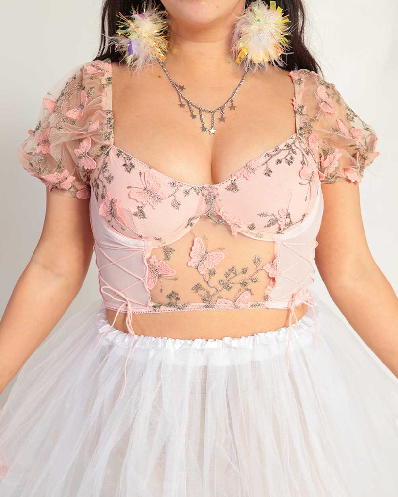 Affection Butterfly Puff Sleeve Top-Pink-Front--Model---S