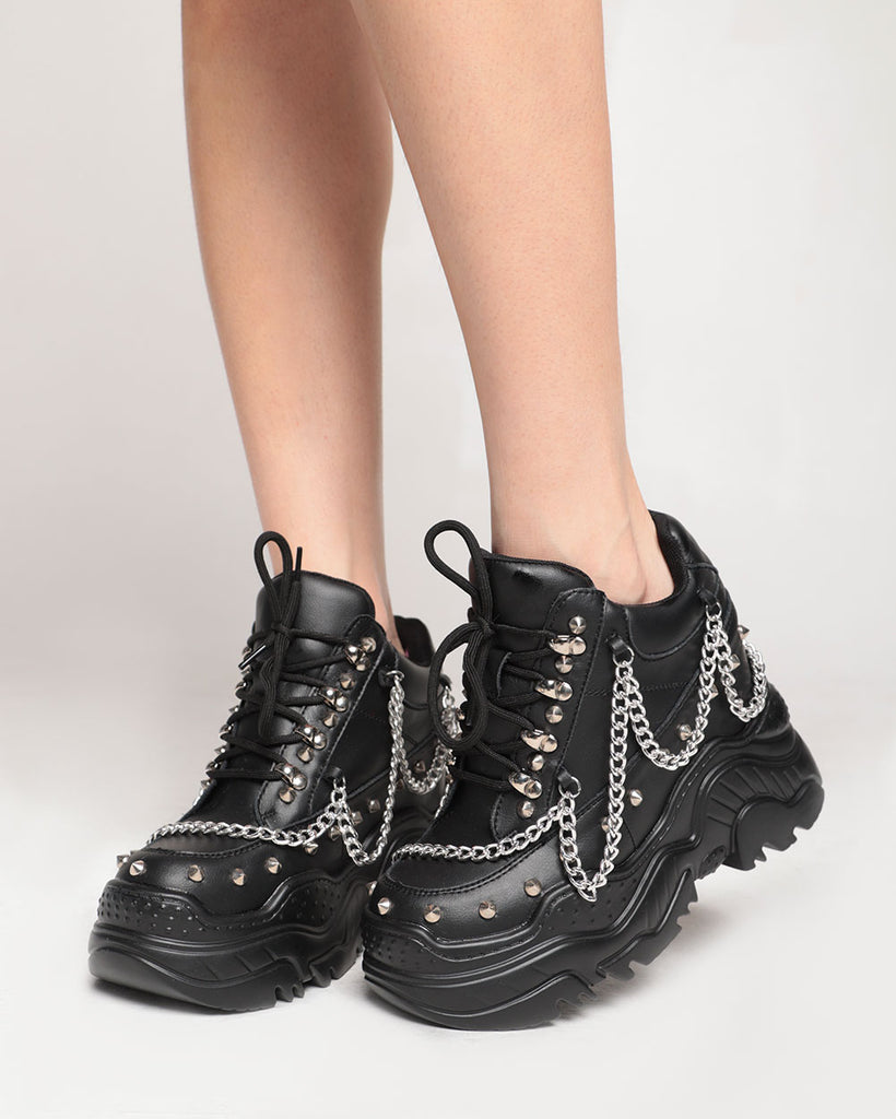 Anthony Wang Darker Than Black Chain PU Platform Sneakers-Black-Regular-Front--Model---5