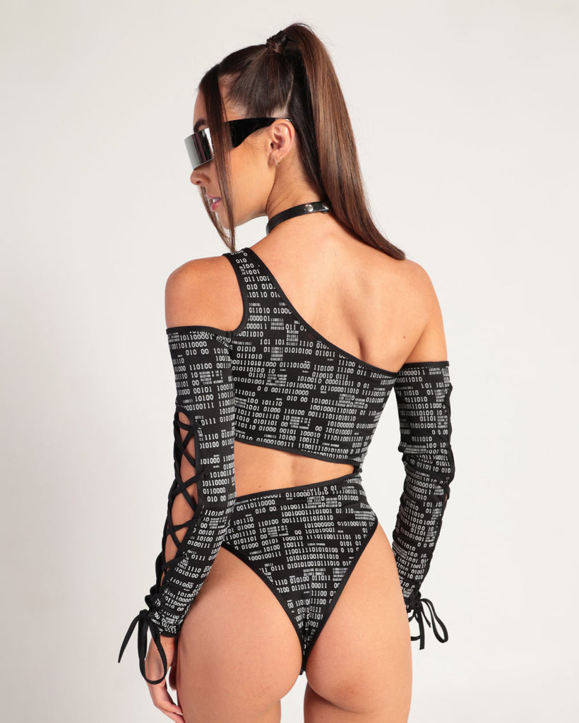 Augmented Reality Reflective Long Sleeve Cutout Bodysuit-Black/White-Back--Hannah---S