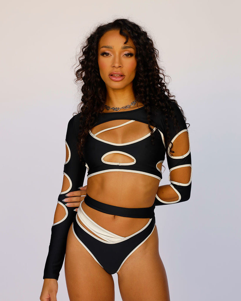 Backstage Baddie Reflective Arm Cutout Ultra Crop Top-Regular-Black/Silver-Front--Courtney---S