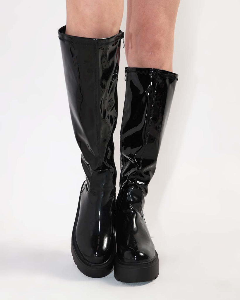 Bad Decisions Knee-High Zip-Up Patent Boots-Black-Front