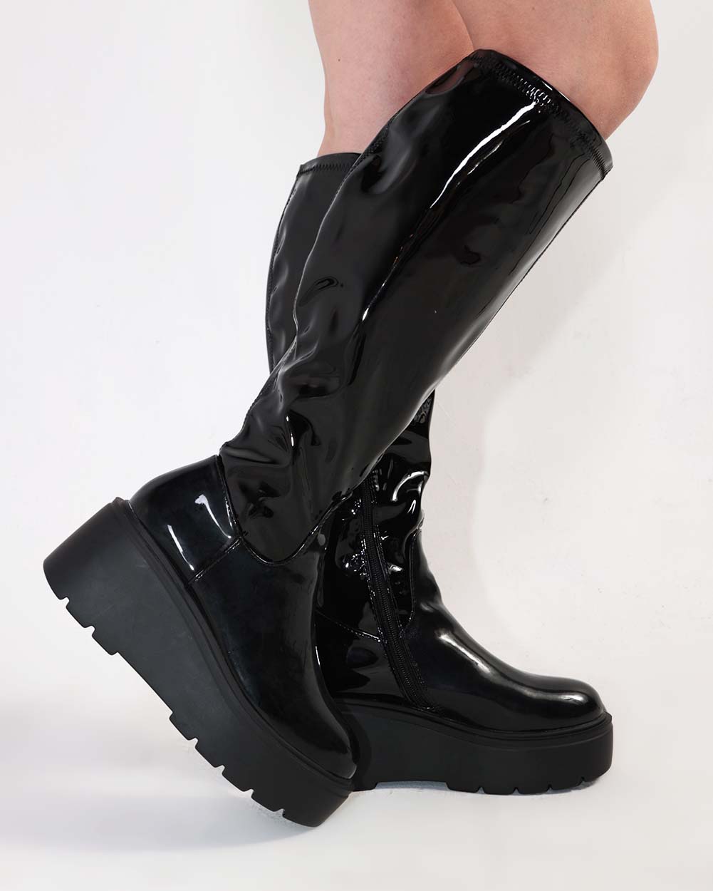 Bad Decisions Knee-High Zip-Up Patent Boots-Black-Side