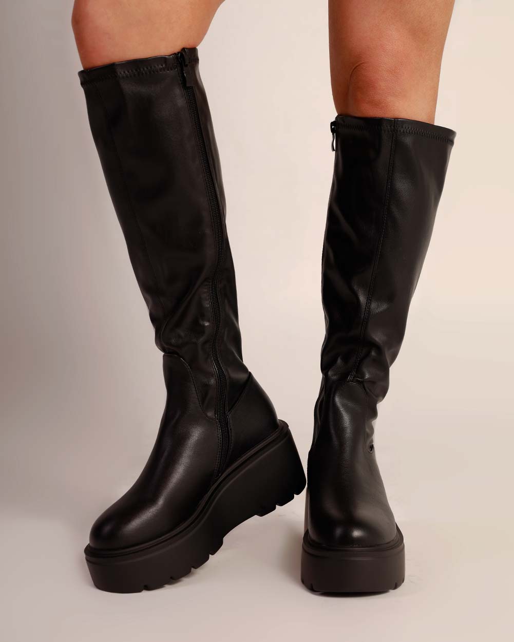 Bad Decisions Knee-High Zip Up Boots-Black-Front