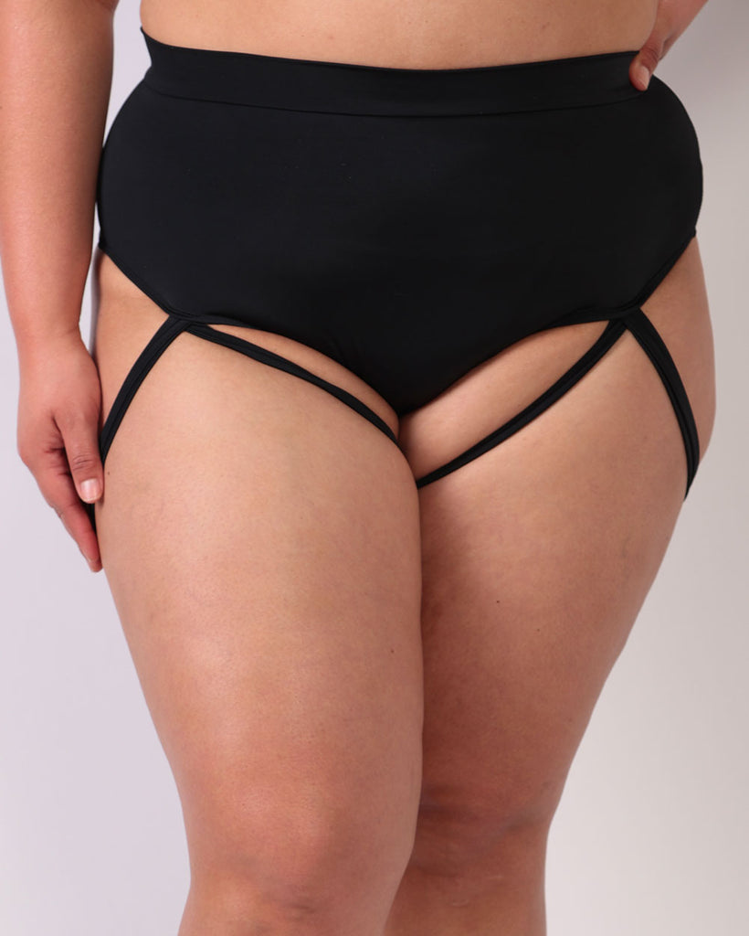 Badd Girl High Waisted Harness Booty Shorts 2.0-Black-Curve1-Front--Silvia---1X