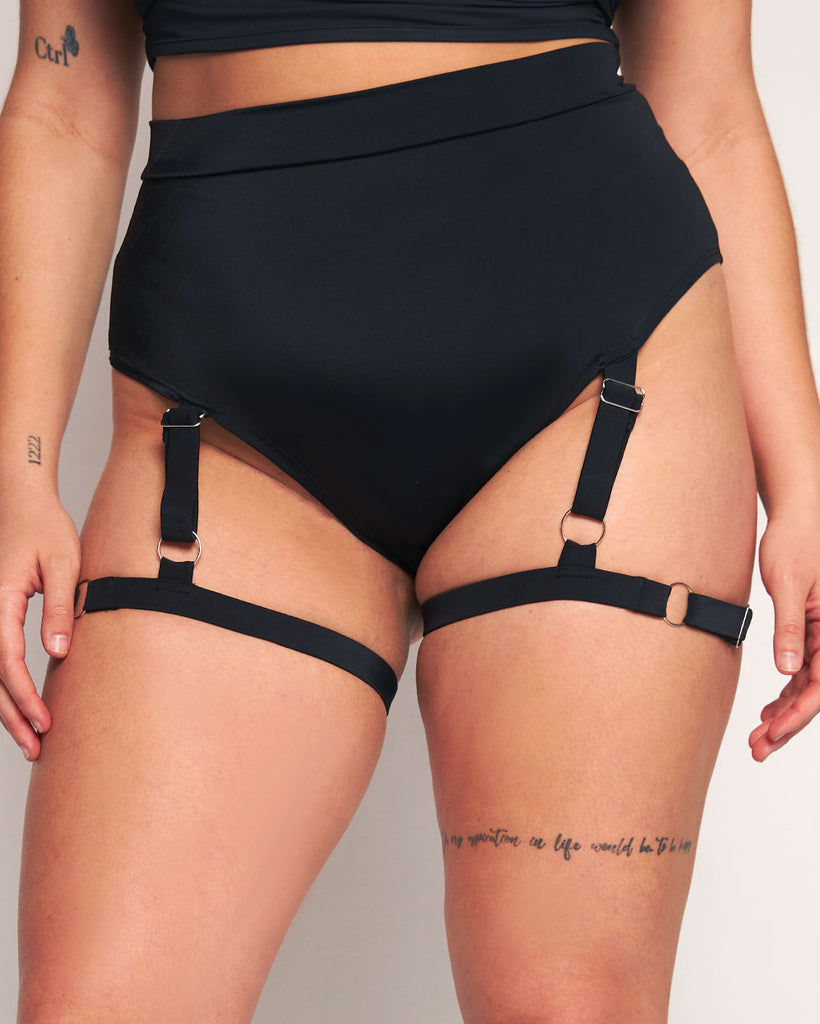 Bring on the Night Recycled Fabric Bottom With Leg Harness-Black-Curve1-Front--Makayla3---1X