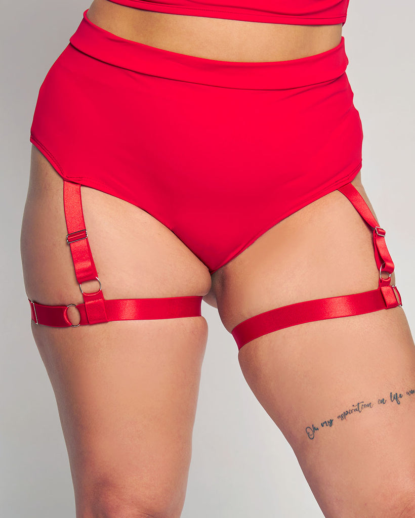 Bring on the Night Recycled Fabric Bottom With Leg Harness-Red-Curve1-Front--Makayla3---1X