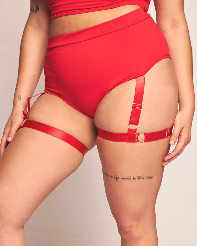 Bring on the Night Recycled Fabric Bottom With Leg Harness-Red-Curve1-Side--Makayla3---1X