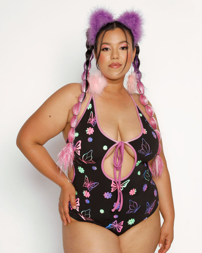 Butterfly Realm Glow in the Dark Halter Bodysuit-Black/Green/Pink/Purple-Curve1-Front--Silvia---1X