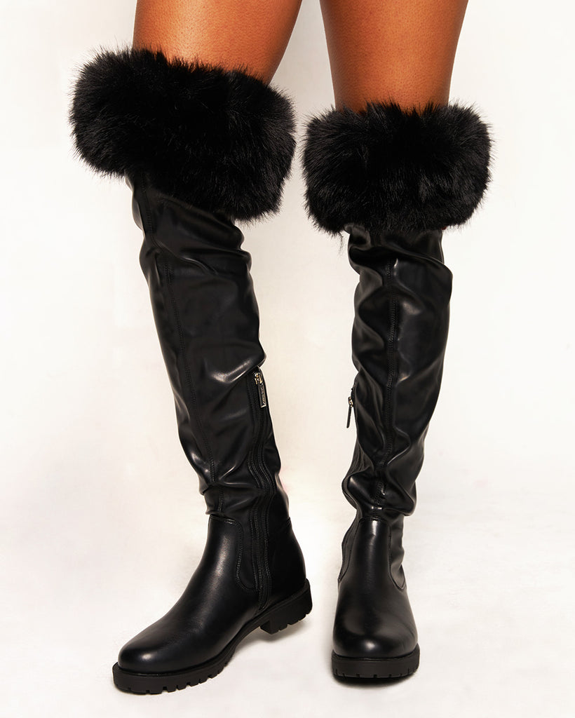 Cat Walk Furry Knee High Boots-Black-Regular-Front--Courtney---5