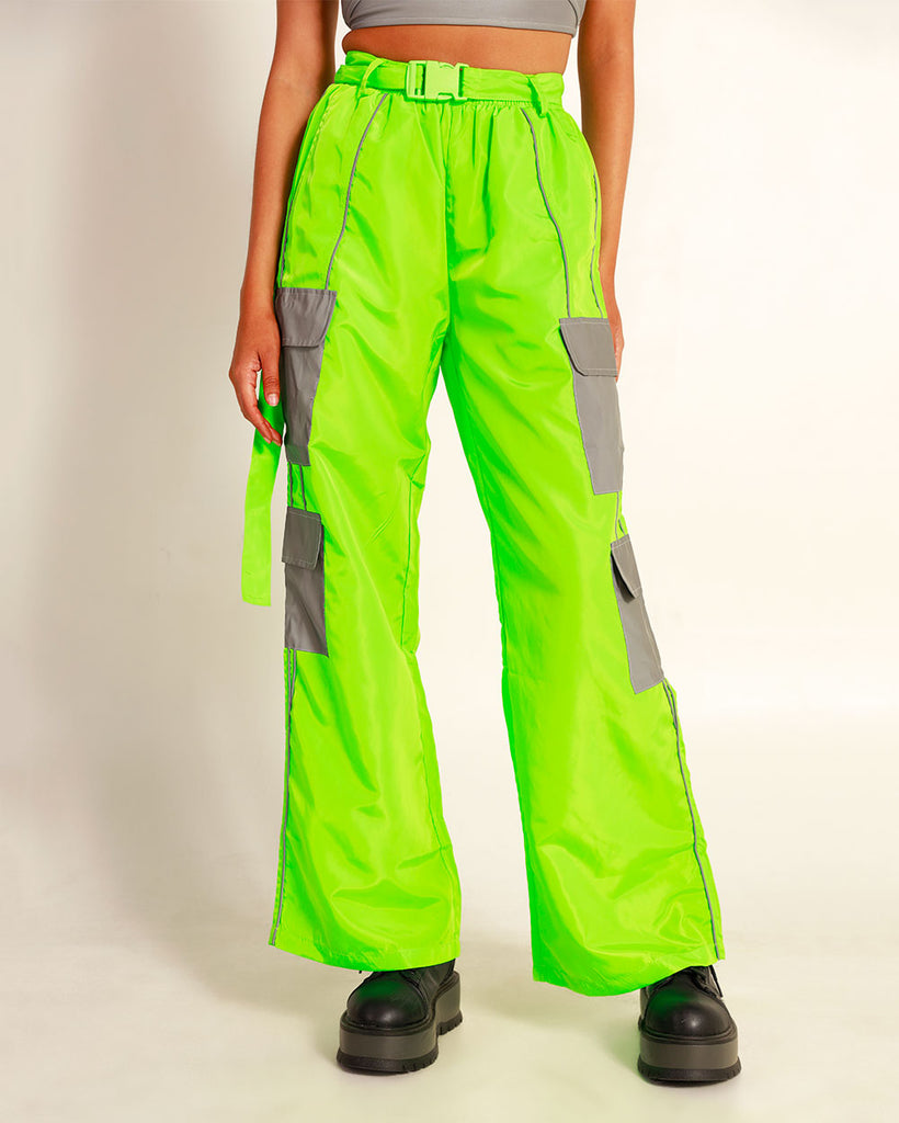 Chaos Commander Reflective Unisex Wide Leg Pants-Neon Green-Front--Sami---S