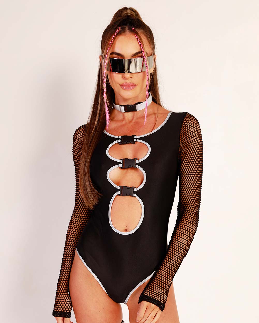 Charge Up Reflective Fishnet Bodysuit-Black-Front--Hannah---S