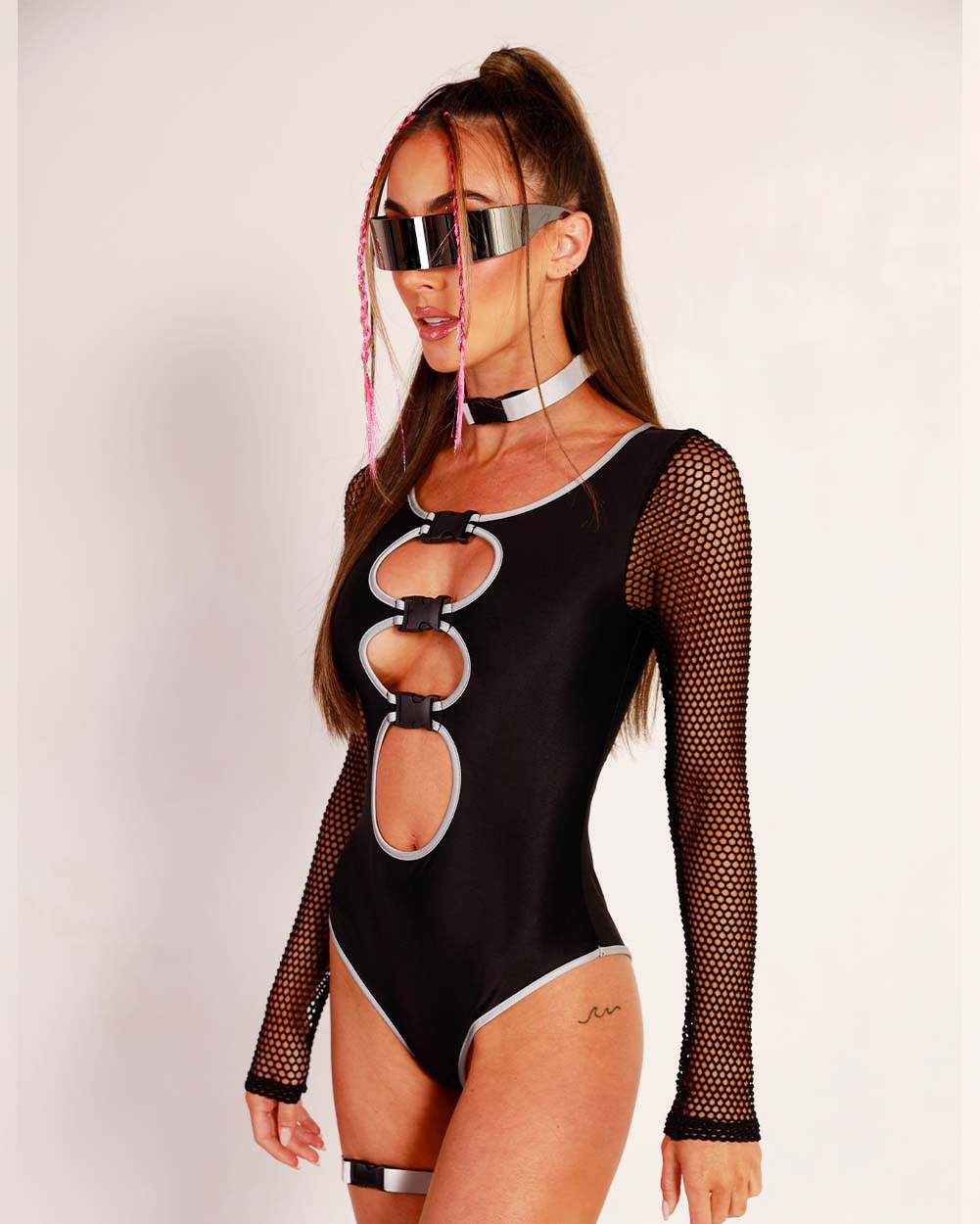 Charge Up Reflective Fishnet Bodysuit-Black-Side--Hannah---S