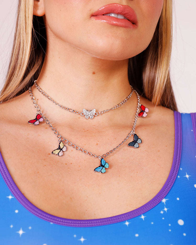 Chasing Butterflies Chain Necklace-Blue/Purple-Front