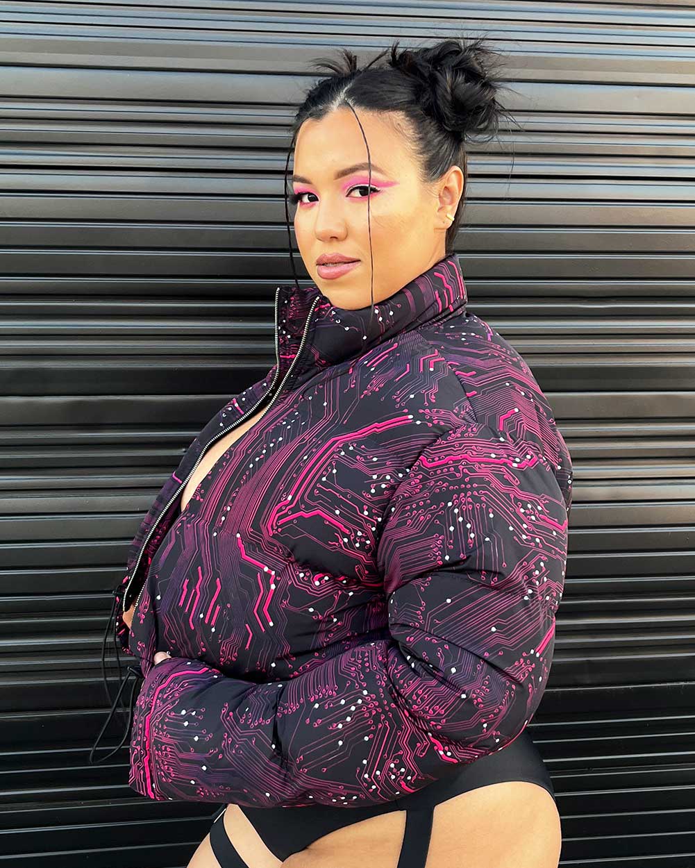Circuit Board Cropped Puffer Jacket-Curve1-Black/Neon Pink-Side--Silvia---2XL