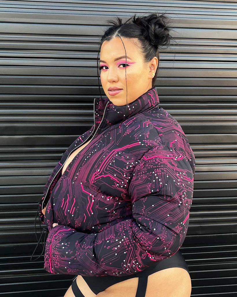 Circuit Board Cropped Puffer Jacket-Curve1-Black/Neon Pink-Side--Silvia---2XL
