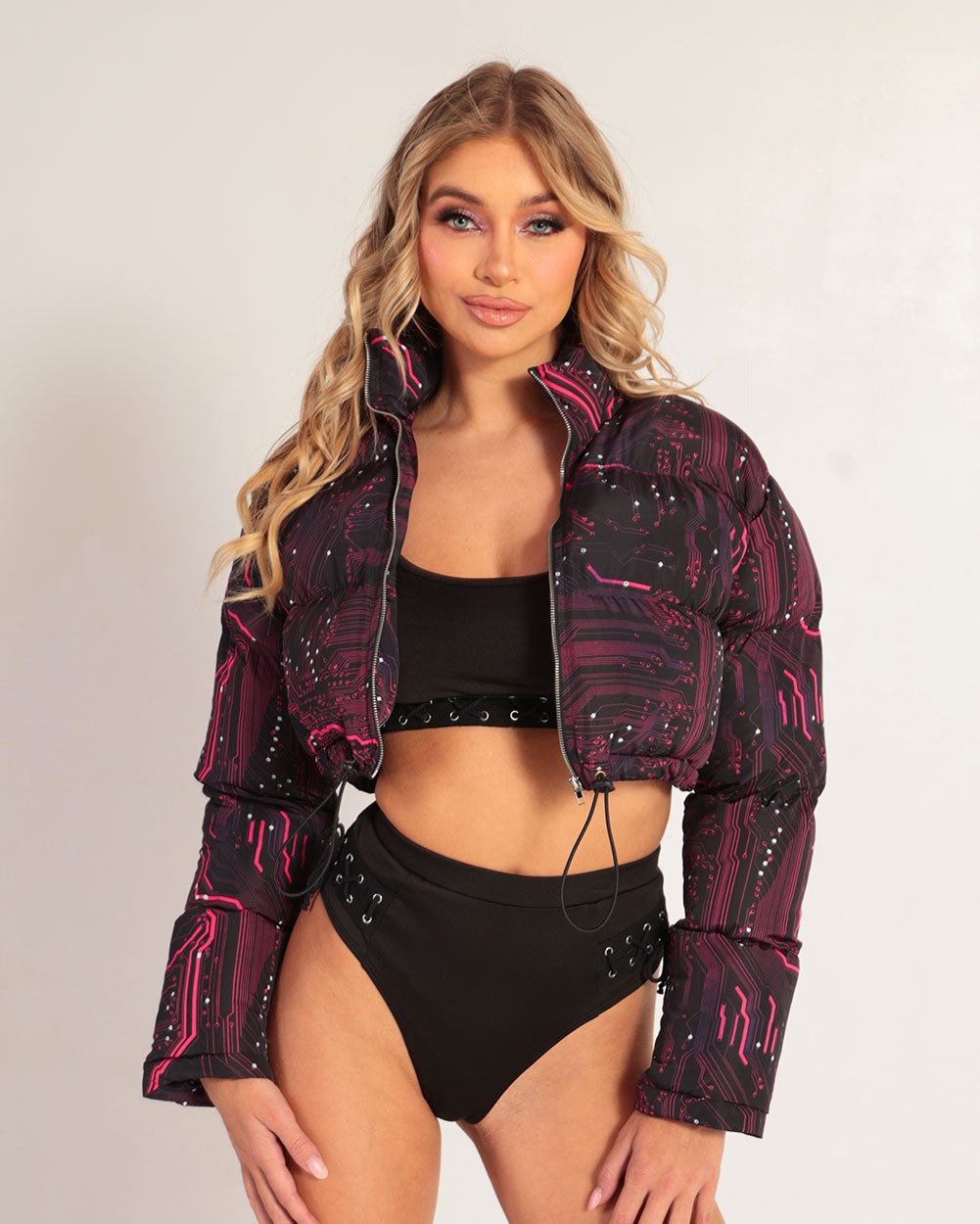 Circuit Board Cropped Puffer Jacket-Black/Neon Pink-Front--Morgan---S