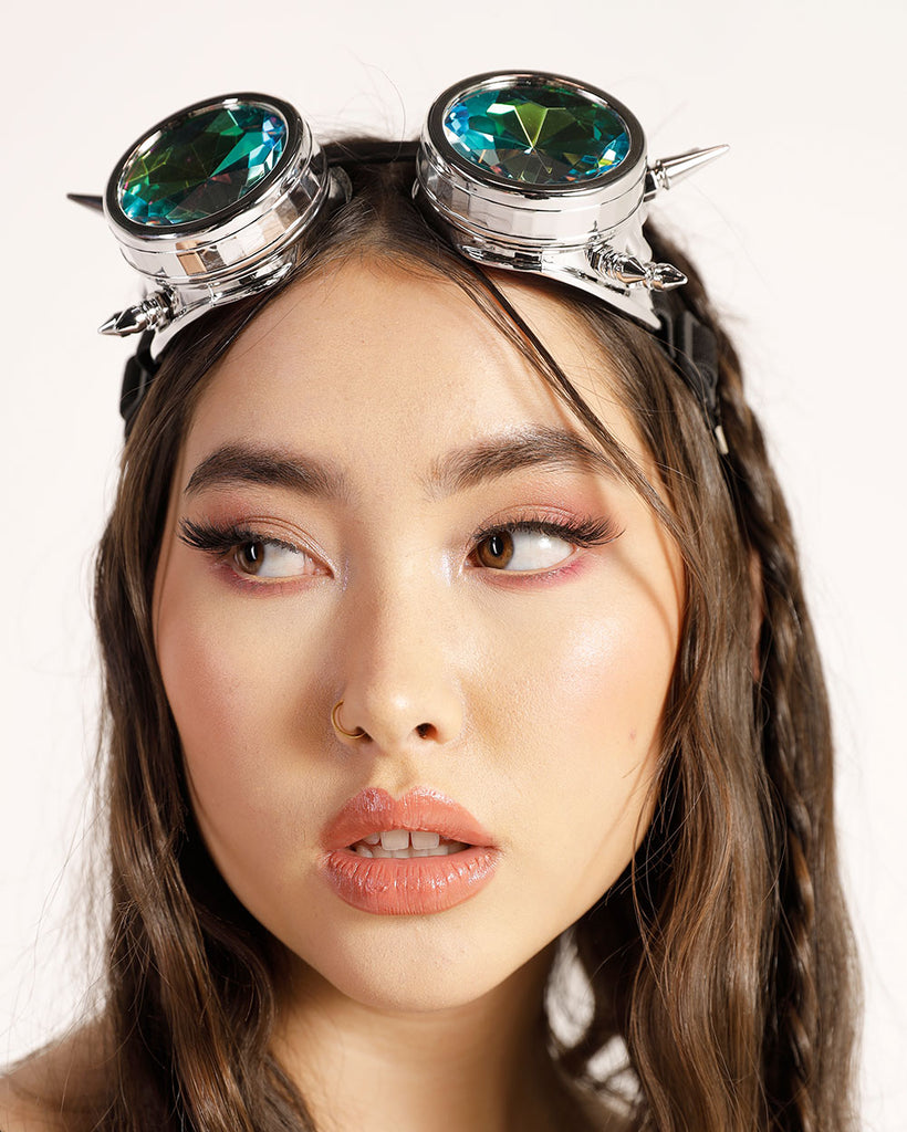 Crazy Eyes Spiked Punk Goggles-Silver-Front