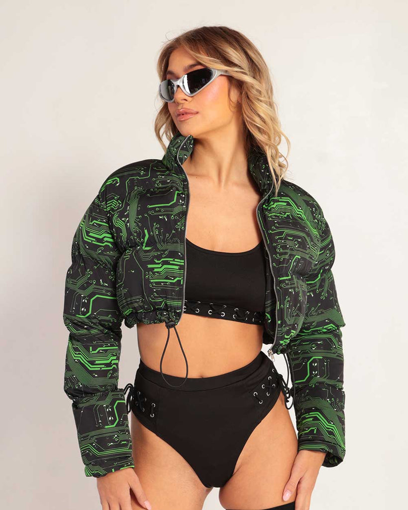 Cyber Matrix Cropped Puffer Jacket-Black/Green-Front--Morgan---S