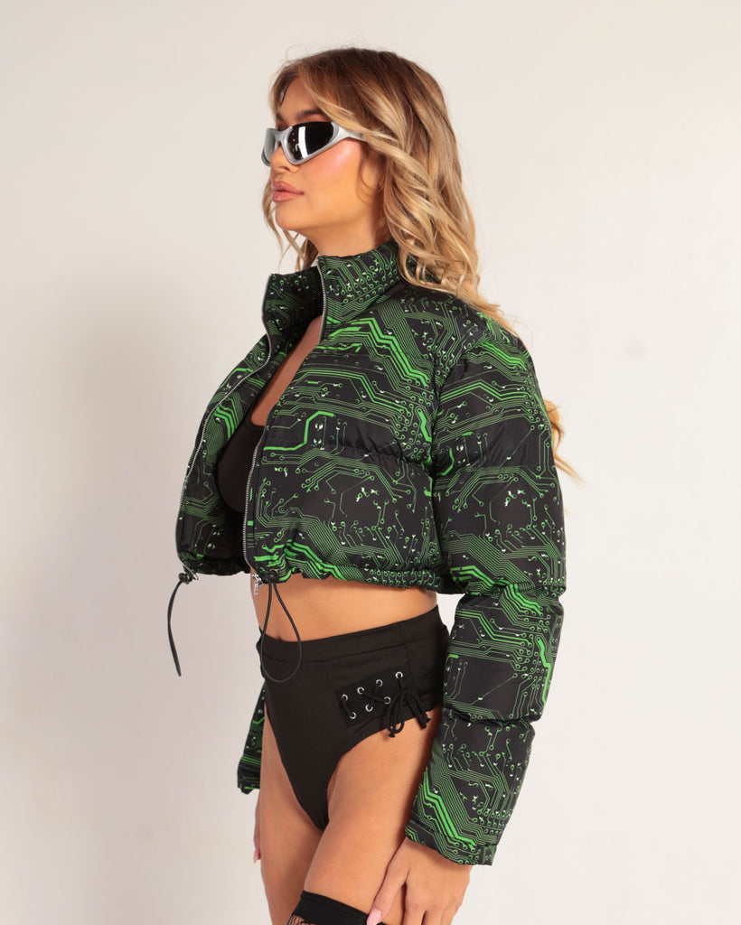 Cyber Matrix Cropped Puffer Jacket-Black/Green-Side--Morgan---S