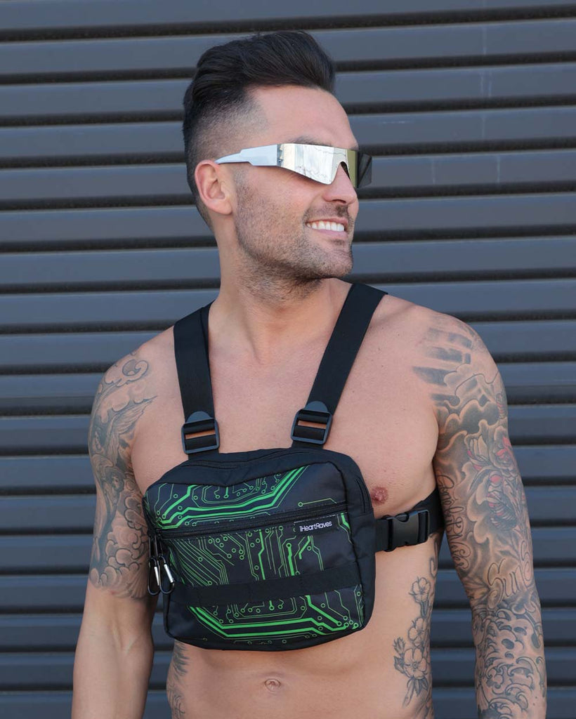 Cyber Matrix Functional Chest Harness Bag with Carabiners-Black/Green-Front