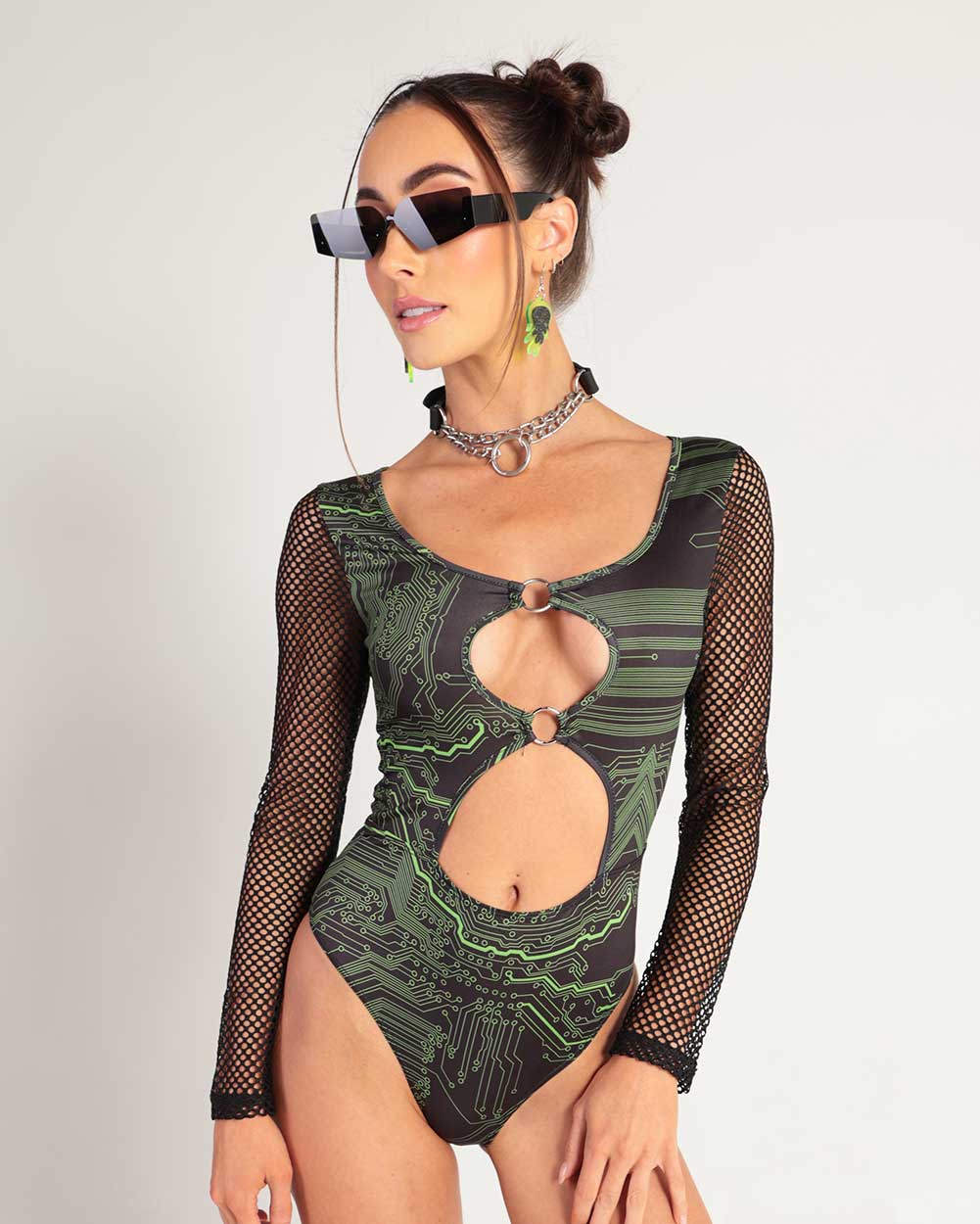 Cyber Matrix Longsleeve Bodysuit-Black/Neon Green-Front--Hannah---S