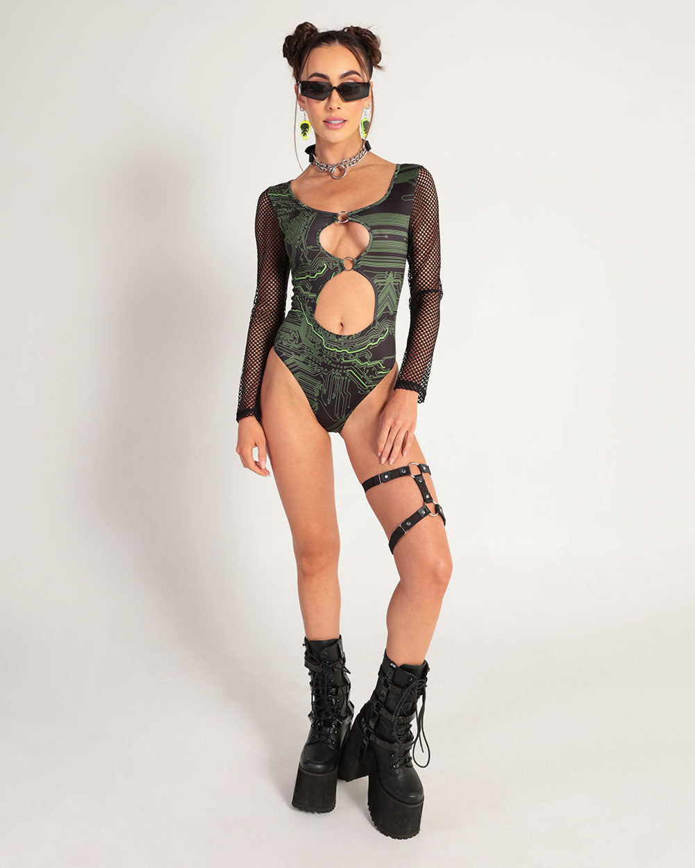 Cyber Matrix Longsleeve Bodysuit-Black/Neon Green-Full--Hannah---S