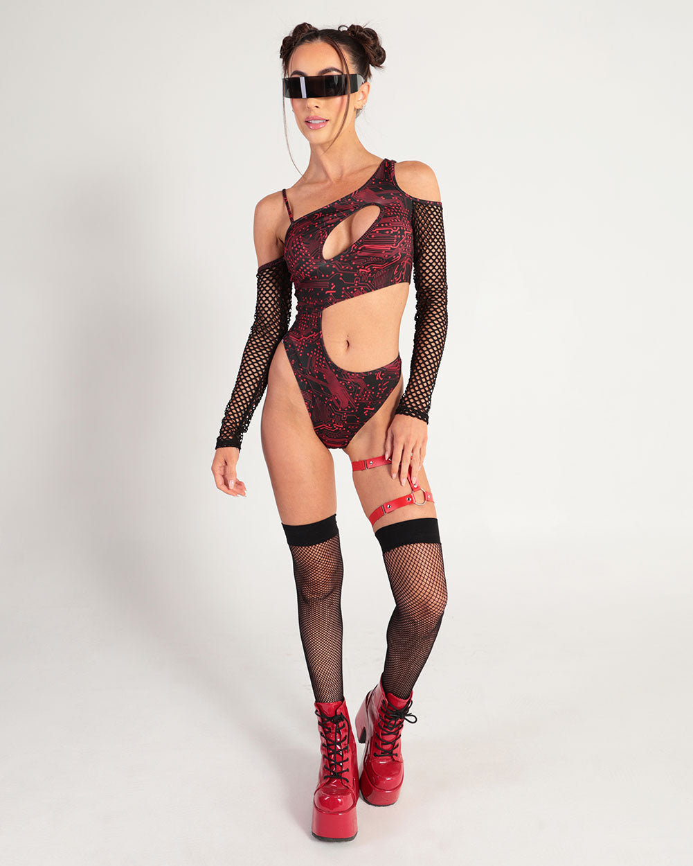 Circuit Breaker Fishnet Cutout Bodysuit-Black/Red-Full--Hannah---S
