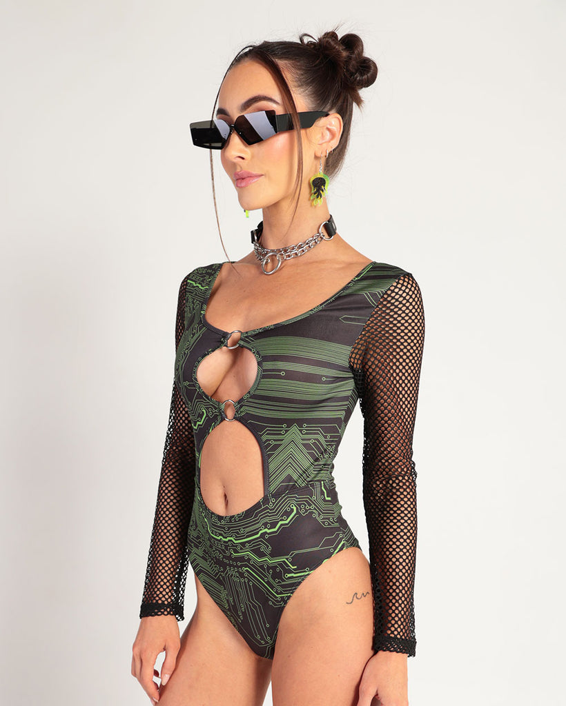 Cyber Matrix Longsleeve Bodysuit-Black/Neon Green-Side--Hannah---S