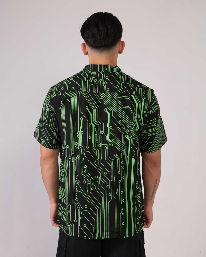 Cyber Matrix Men's Camp Shirt-Black/Neon Green-Back--Raine---L