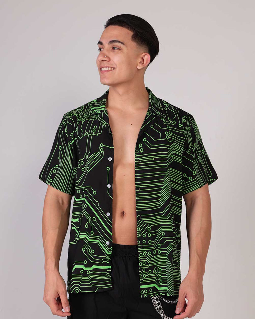 Cyber Matrix Men's Camp Shirt-Black/Neon Green-Front--Raine---L