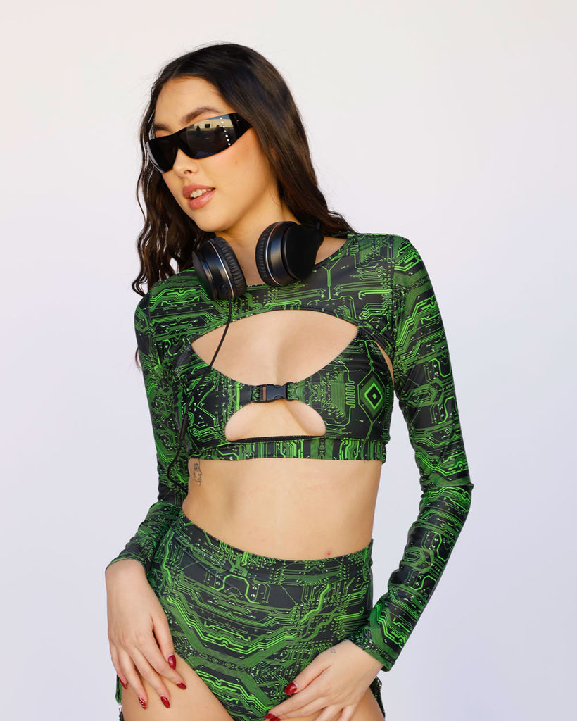 Cyber Matrix Ultra Crop Top-Black/Neon Green-Front--Bethany---S