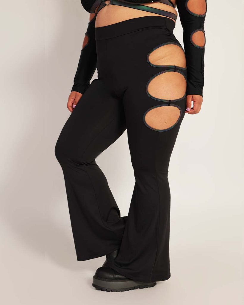 Cyber Radiance Side Cutout Rainbow Reflective Bell Bottoms-Curve1-Black-Side--Silvia---1X