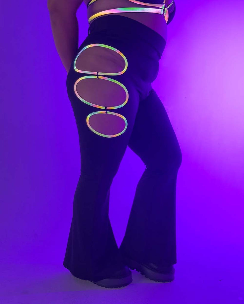 Cyber Radiance Side Cutout Rainbow Reflective Bell Bottoms-Curve1-Black-Reflective--Silvia---1X