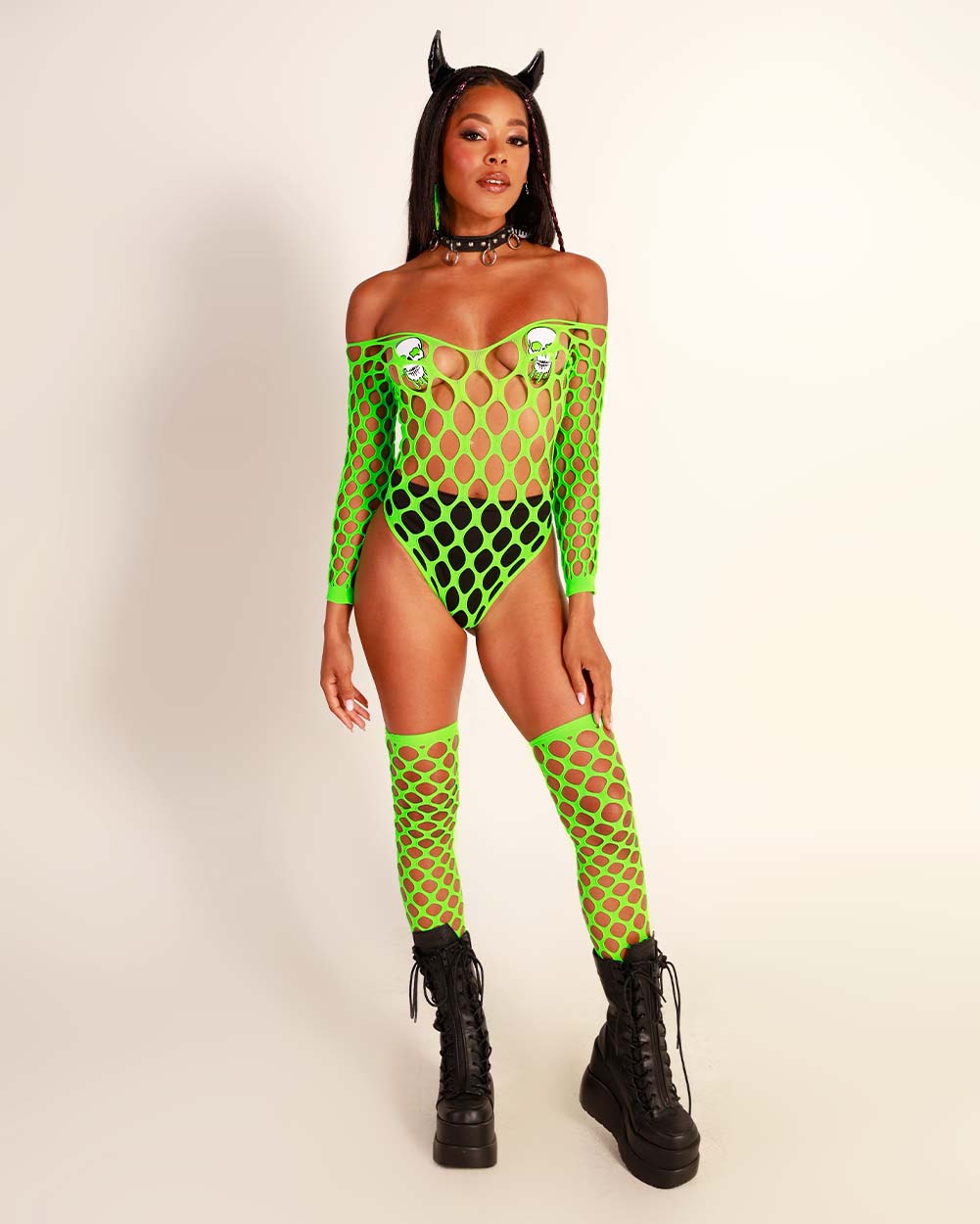 Drama Queen Bodysuit and Stockings-Neon Green-Front--Brandy---One Size