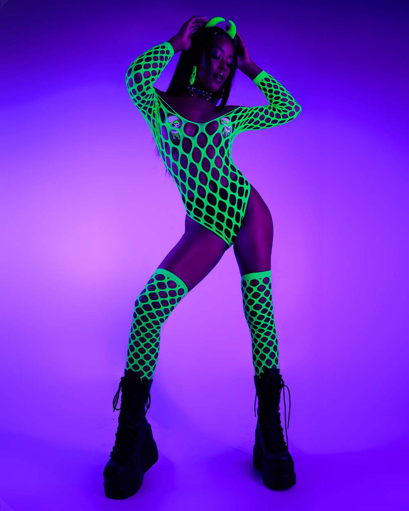 Drama Queen Bodysuit and Stockings-Neon Green-UV