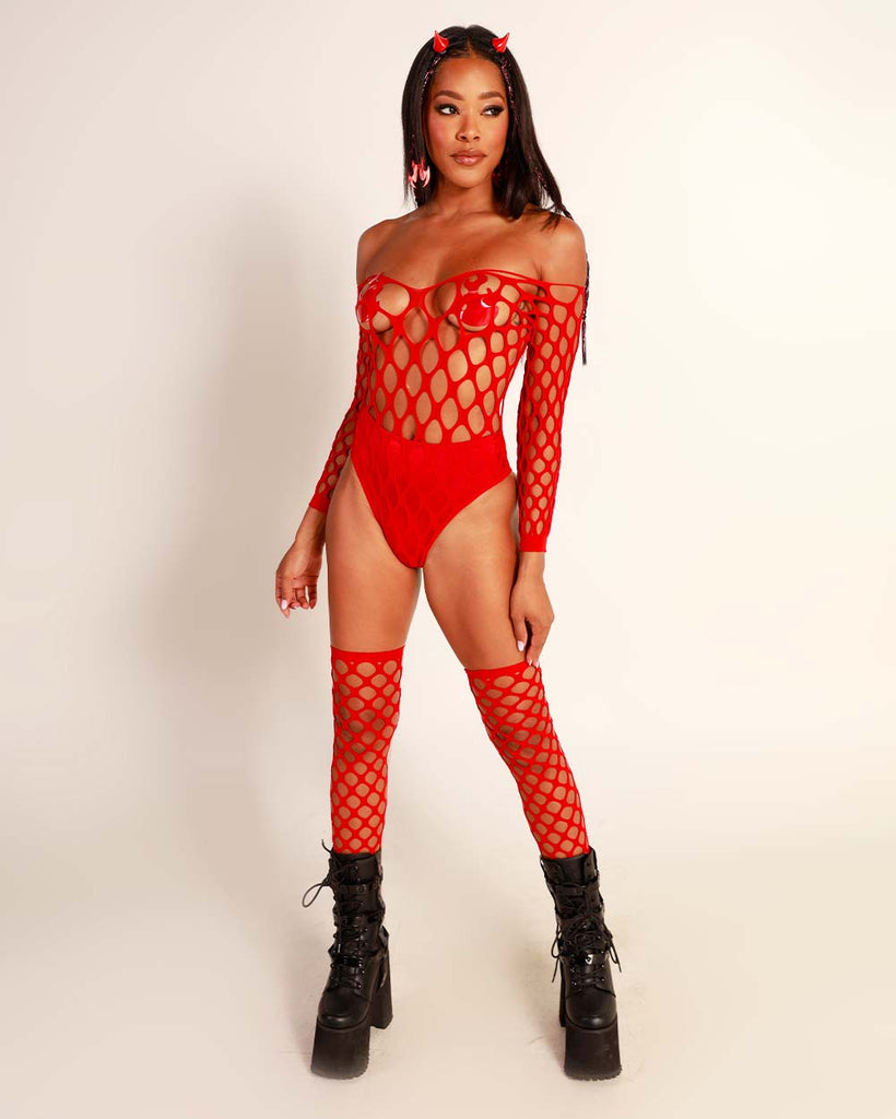 Drama Queen Bodysuit and Stockings-Red-Front--Brandy---One Size