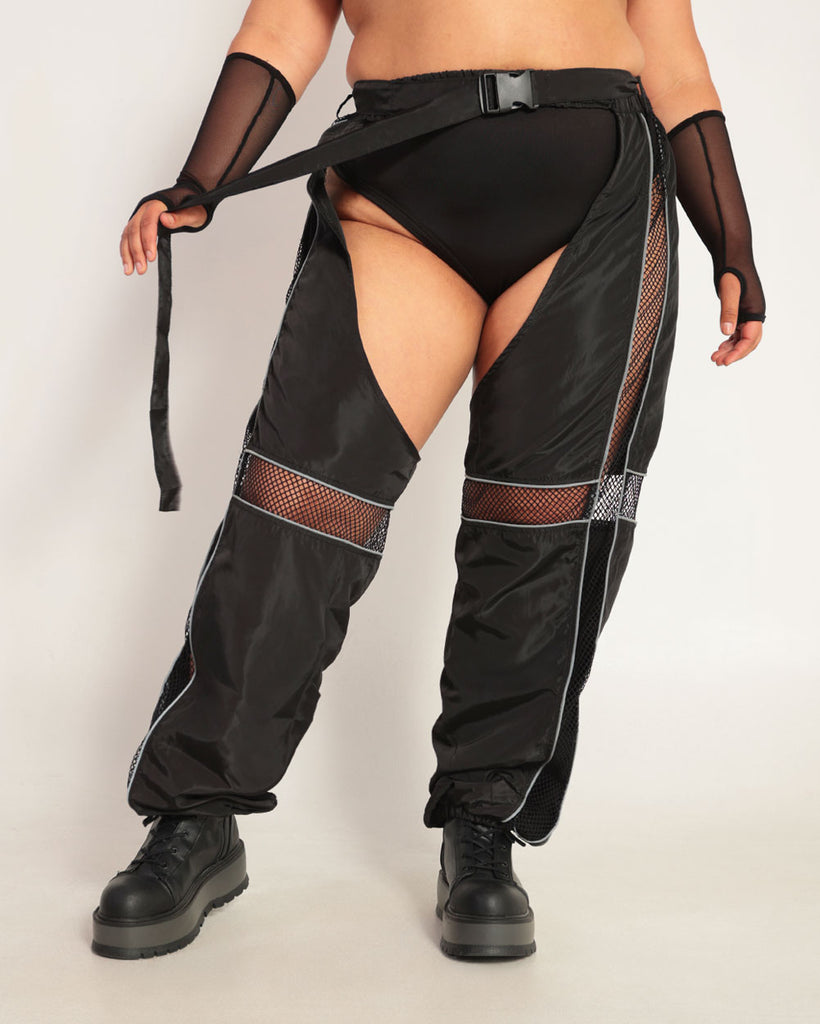 Evolution Chaps with Silver Reflective Stripes & Fishnet Panels-Curve1-Black/Silver-Front--Silvia---1X